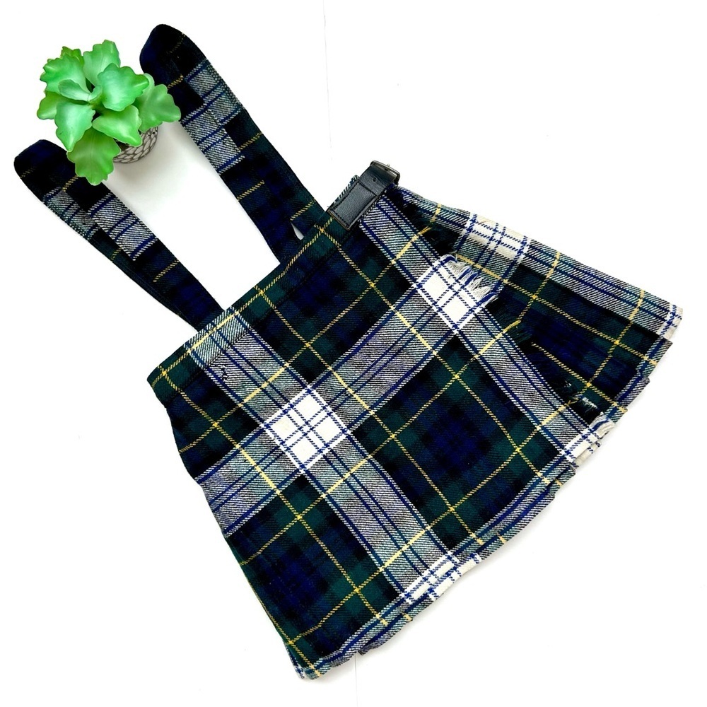 Vintage Plaid Scottish Kilt Wrap Skirt Suspenders Tartan Green Pleated Size 2